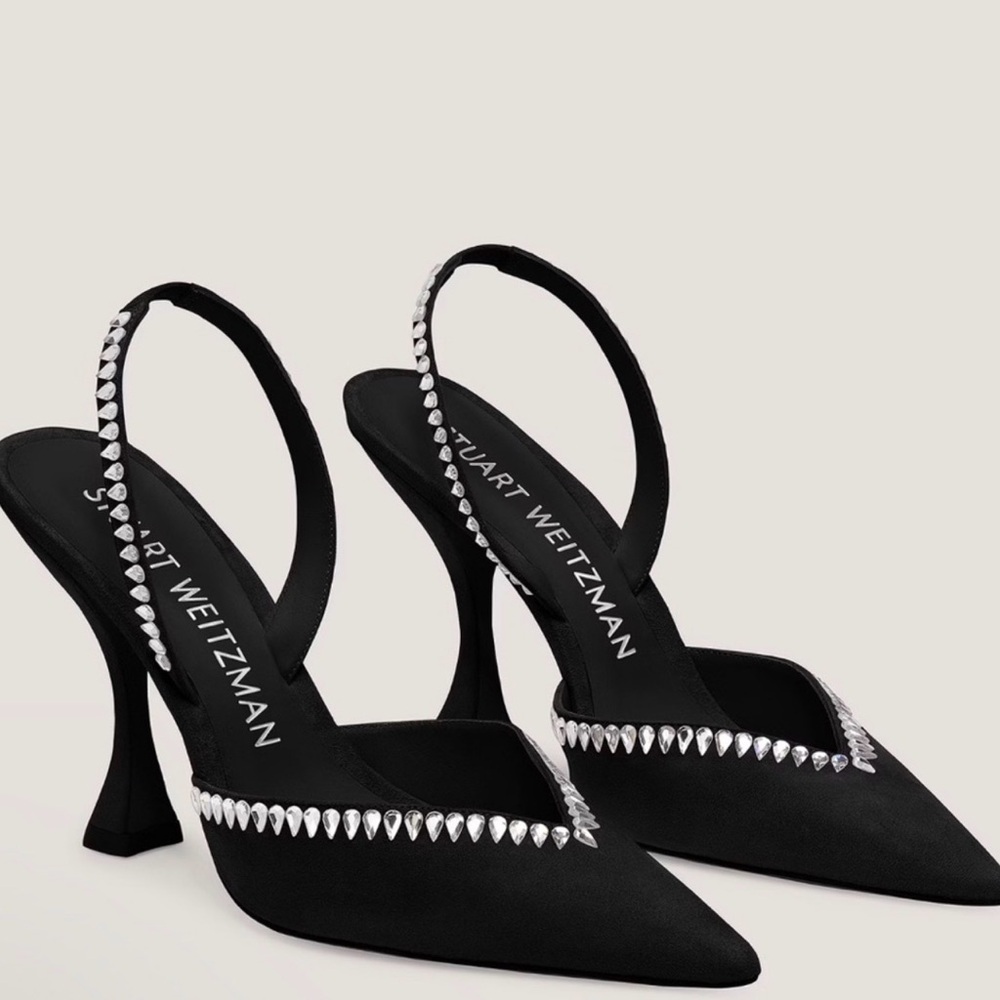 STUART WEITZMAN Gem Cut Crystal Embellished Black Suede Slingback Pumps Size 39